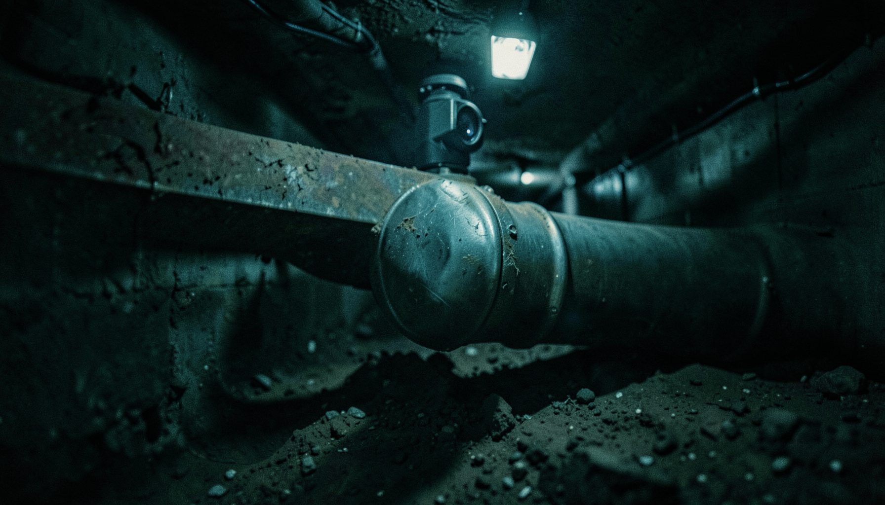 Underground sewer pipe being inspected with a camera, dark earth tones and muted industrial lighting